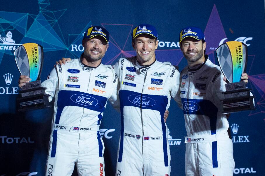 The No. 67 Ford GT team of Harry Tincknell, Andy Priaulx and Jonathan Bomarito finished third. The No. 67 Ford GT team of Harry Tincknell, Andy Priaulx and Jonathan Bomarito finished third.
